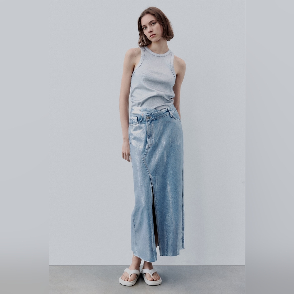 ZARA TRF Metallic Denim Asymmetric Skirt Light Blue Metallic Sizes XS, M, L, XL